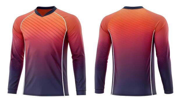 Front and back view of a blank long-sleeved sportswear t-shirt mockup. Customizable jersey template with a dynamic gradient and pattern for team apparel photo