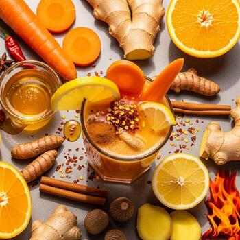 Vibrant citrus and ginger elixir with carrot and cinnamon for a refreshing and healthy boost photo