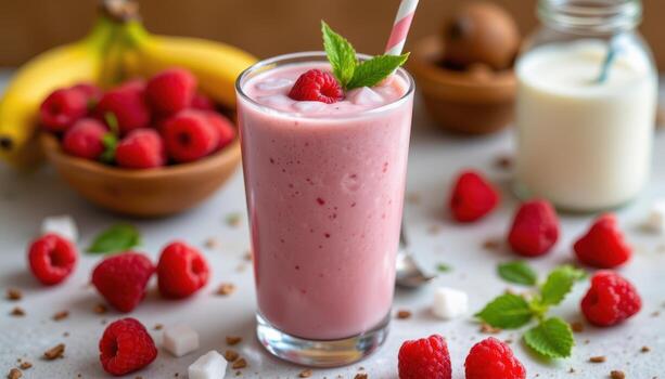 raspberry banana smoothie with coconut milk, ice cubes, creamy smooth texture, served in tall glass cup. photo