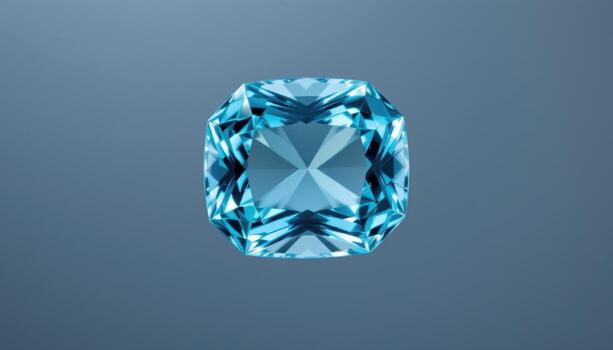 a single aquamarine gemstone floating against a gradient background, exhibiting pale blue tones and shimmering clarity with intricate internal patterns. photo