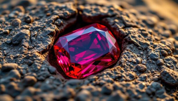 a ruby gemstone embedded in a textured stone surface, glowing with deep red light and reflecting intricate internal crystal structures. photo
