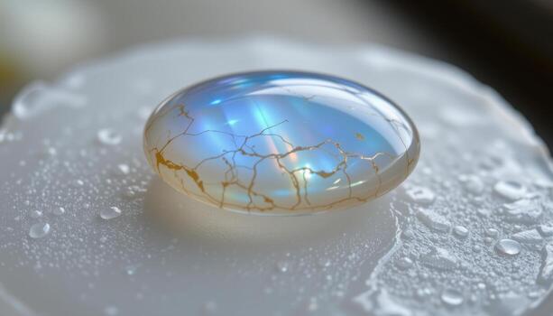 un piedra de la luna piedra preciosa descansando en escarchado vaso, con opalescente colores cambiando desde azul a suave blanco debajo difundido Encendiendo. foto