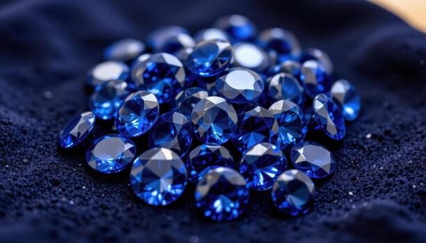 un racimo de tanzanita piedras preciosas en un oscuro terciopelo paño, demostración profundo azul Violeta tonos y espumoso facetas reflejando múltiple ligero fuentes. foto