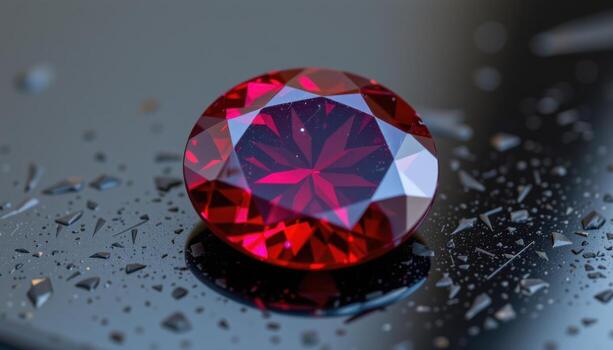 a polished spinel gemstone resting on a reflective black surface, glowing with vibrant red tones and subtle internal inclusions. photo