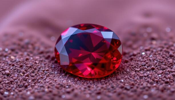 a polished ruby gemstone on soft velvet, glowing crimson with multiple reflections and tiny internal sparkles. photo