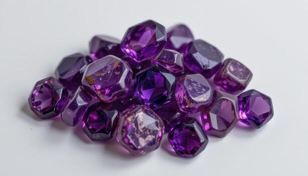 a cluster of amethyst gemstones arranged in a geometric pattern, showing varying purple hues with sparkling crystal facets. photo