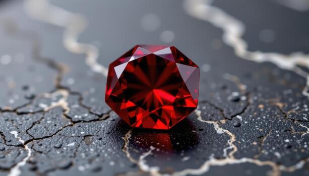 a faceted spinel gemstone on a dark marble slab, radiating vibrant red with precise reflections and subtle internal textures. photo