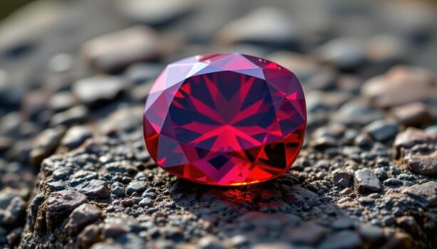 a faceted spinel gemstone on dark stone platform, radiating bright red with intricate light reflections and subtle internal textures. photo