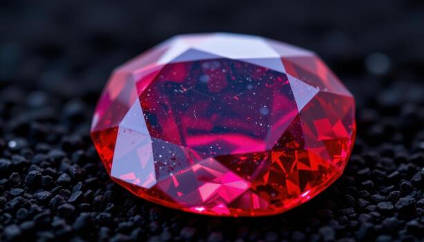 a polished ruby gemstone on black velvet, glowing crimson with multiple reflections and delicate internal sparkles visible from different angles. photo