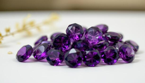 a cluster of amethyst gemstones arranged in geometric pattern, showing varying purple hues with sparkling crystal facets. photo