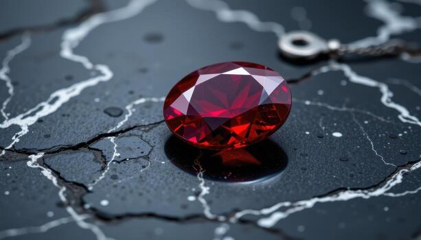 a radiant ruby gemstone lying on polished black marble, reflecting deep red hues with intricate natural facets that catch every glimmer of light. photo