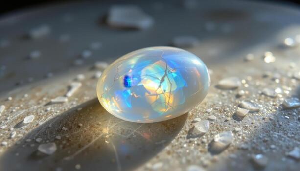 a moonstone gemstone resting on frosted glass, displaying shifting opalescent colors from blue to white under diffused ambient light. photo