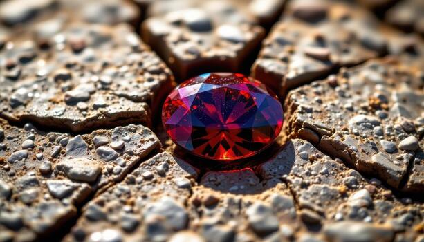 a ruby gemstone embedded in cracked rock, reflecting deep red light with sharp facets catching the surrounding sunlight. photo