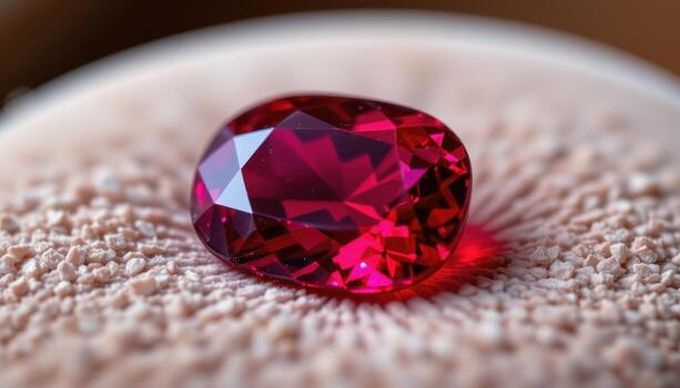 a polished ruby gemstone lying on soft velvet, glowing crimson with multiple reflections and delicate internal sparkles. photo