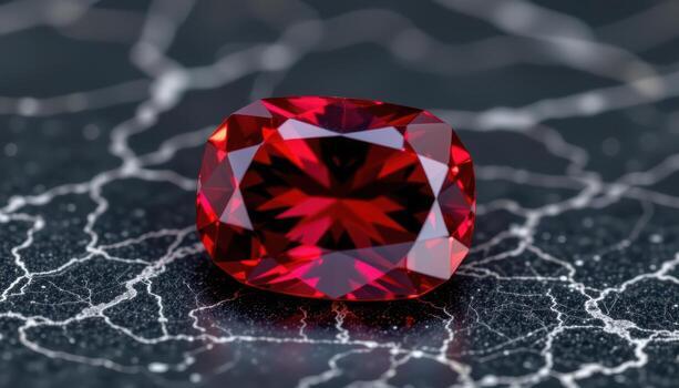 a faceted spinel gemstone on dark marble, radiating vibrant red with precise reflections and subtle internal textures. photo