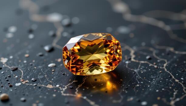 a faceted topaz gemstone on dark marble, glowing golden with sharp reflections and subtle internal patterns visible in the light. photo