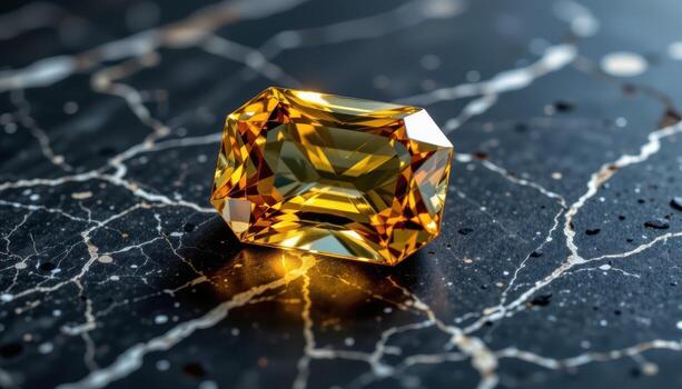 a faceted topaz gemstone on dark polished marble, glowing golden with sharp reflections and subtle internal crystalline textures. photo