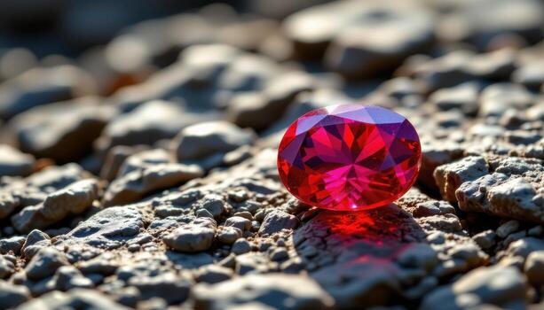 a ruby gemstone resting on jagged rock, reflecting crimson light with intricate natural crystal facets illuminated by soft sunlight. photo