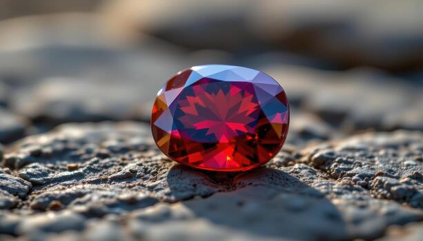 a faceted spinel gemstone on dark stone platform, radiating bright red with intricate light reflections and subtle internal texture. photo
