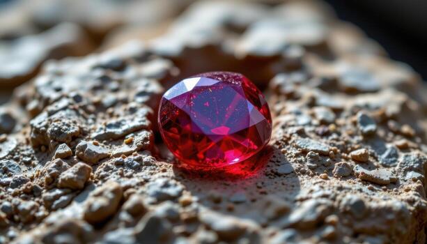 a ruby gemstone embedded in rough stone, glowing with deep crimson light and reflecting complex internal facets under ambient illumination. photo