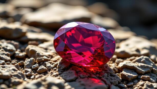 a ruby gemstone resting on jagged rock, reflecting crimson light with intricate natural crystal facets catching ambient sunlight. photo