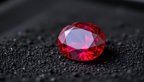 a polished ruby gemstone on black velvet, glowing crimson with multiple reflections and delicate internal sparkle visible from different angles. photo