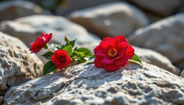 rojo camelias metido en dentado caliza rocas, con pétalos brillante suavemente debajo difundido luz. foto