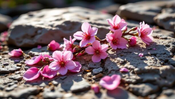 rosado Cereza florecer pétalos descansando en dentado cuarzo rocas, suavemente iluminado por difundido luz de sol. foto