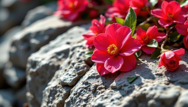 rojo camelias descansando en dentado caliza, pétalos brillante debajo difundido luz. foto
