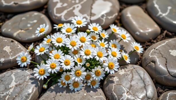 a cluster of daisies spread across polished marble rocks, their delicate petals interacting with subtle shadow patterns. photo
