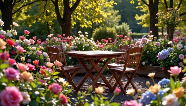A wooden table with chairs amidst roses, tulips, and hydrangeas under soft sunlight filtering through trees, no people, no animals. photo