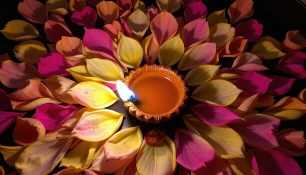 A diya lamp surrounded by petals forming a star pattern, glowing brightly in the dark. photo