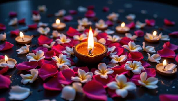 A diya lamp surrounded by a symmetrical pattern of rose petals and jasmine, glowing brightly in the dark. photo