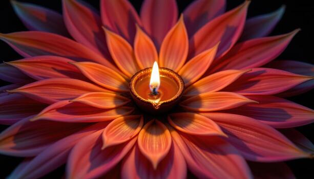 A diya lamp glowing in the middle of petals forming a symmetrical pattern. photo