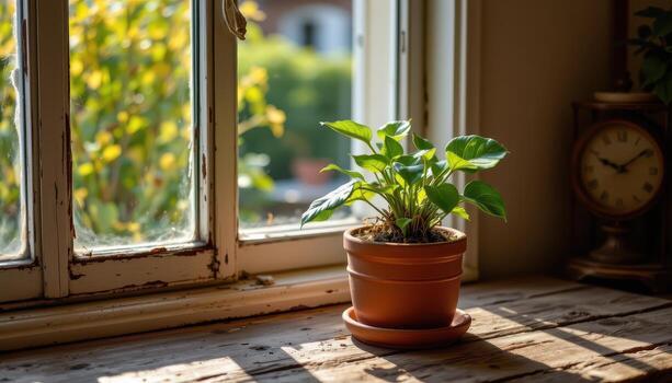 A potted plant is placed on a rustic wooden table near the window, surrounded by soft natural tones and illuminated by golden sunlight. photo