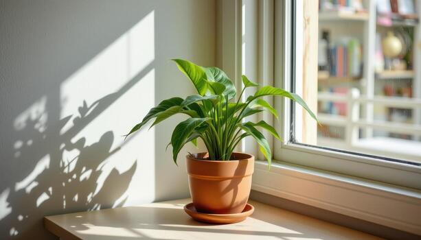 A potted plant is placed on a table near the window, bathed in gentle daylight with soft shadows forming across the surface. photo