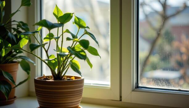 A potted plant is placed on a table near the window, framed by soft shadows and gentle light. photo