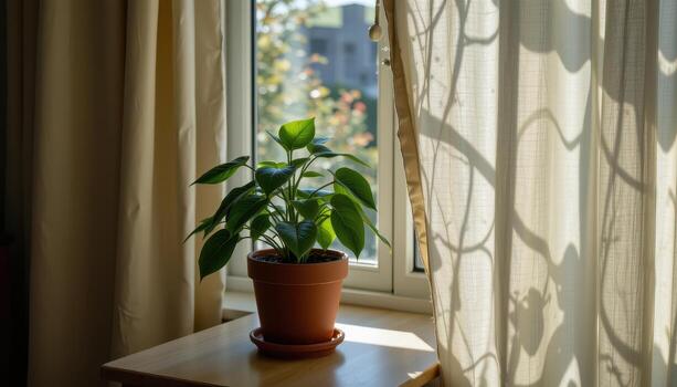 A potted plant is placed on a table near the window, framed by shadows cast through the curtains. photo