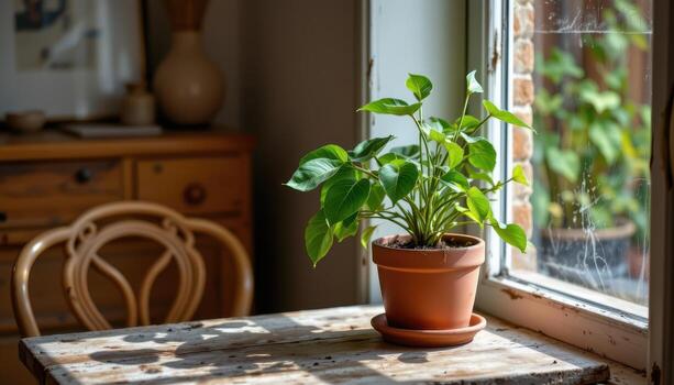A potted plant is placed on a rustic table near the window, surrounded by natural textures and warm tones. photo