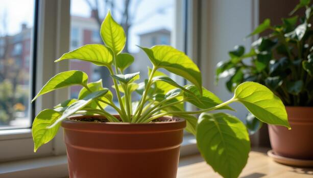 un en conserva planta es metido en un mesa cerca el ventana, sus hojas reluciente con luz de sol reflexiones foto