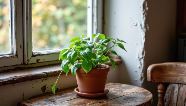 A potted plant is placed on a rustic table near the window, surrounded by warm tones and natural charm. photo