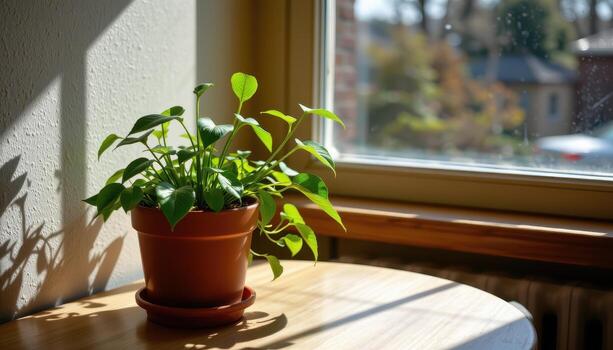 A potted plant is placed on a table near the window, with sunlight creating patterns on the surface below. photo