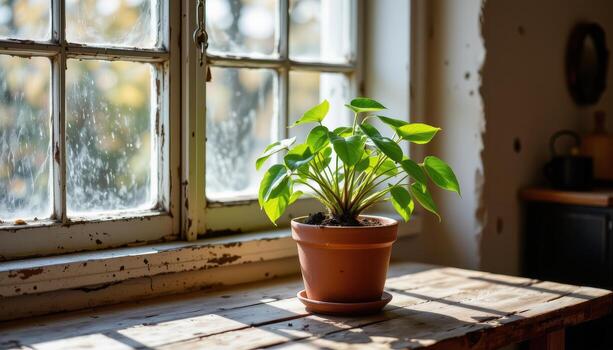 A potted plant is placed on a rustic table near the window, with sunlight warming the room. photo