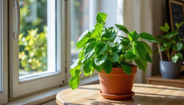 A potted plant is placed on a table near the window, where natural light enhances every shade of green. photo
