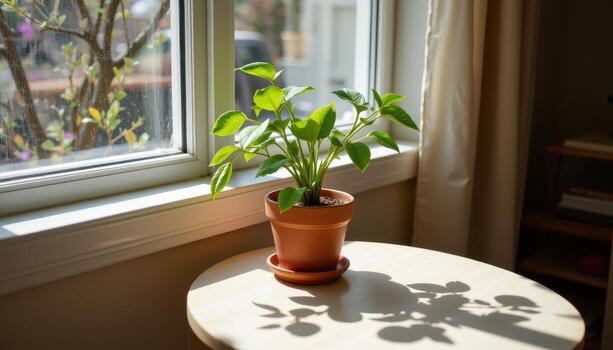 A potted plant is placed on a light colored table near the window, with delicate shadows forming below. photo