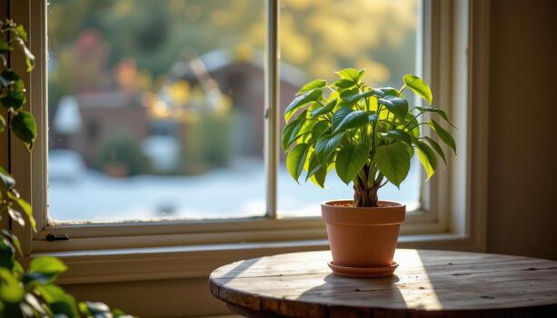 A potted plant is placed on a rustic wooden table near the window, surrounded by a peaceful glow. photo