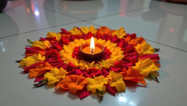 A single diya lamp resting on a circular pattern of red, yellow, and white flower petals, creating a sacred and peaceful festive vibe. photo