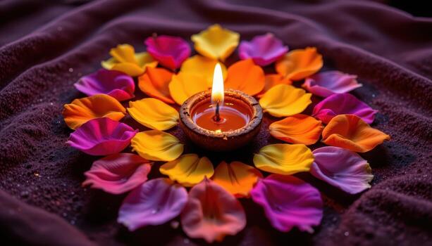 un solitario diya lámpara rodeado por vibrante flor pétalos arreglado en un Perfecto circular patrón, sus fuego parpadeando suavemente en contra un oscuro terciopelo antecedentes. foto