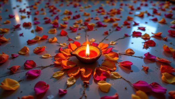 A diya lamp surrounded by flower petals in symmetrical patterns, glowing softly with reflections dancing on the nearby floor. photo