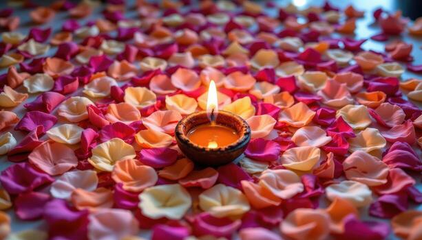 A single diya lamp glowing brightly among flower petals arranged in a spiral pattern, symbolizing purity and peace. photo
